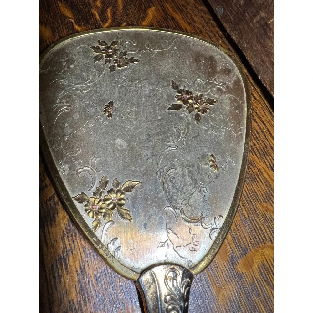 VTG Holywood Regency Floral Silver Gold Tone Hand Mirror & Hair Brush Vanity Set